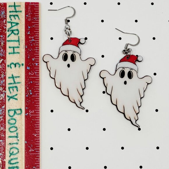 Santa Hat Ghost Earrings Stainless Steel Hooks Halloween On Christmas NEW - Picture 4 of 6
